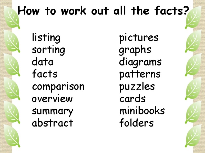 How to work out all the facts? pictures graphs diagrams patterns puzzles cards minibooks